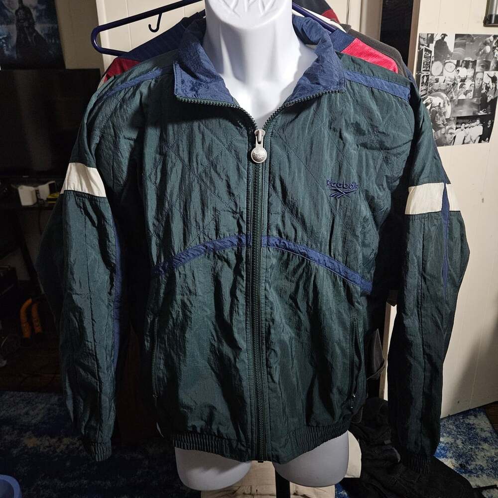 Vintage 90s Reebok Quilted Windbreaker Jacket Green Blue Size S